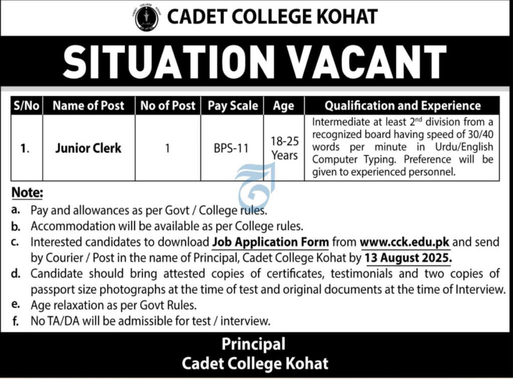 Cadet College Kohat Apply Jobs 2025