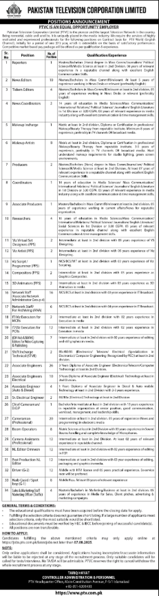 Pakistan Television Corporation Limited PTV Islamabad Jobs 2025 