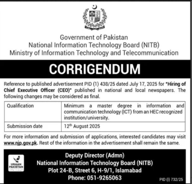 National Information Technology Board NITB Jobs 2025