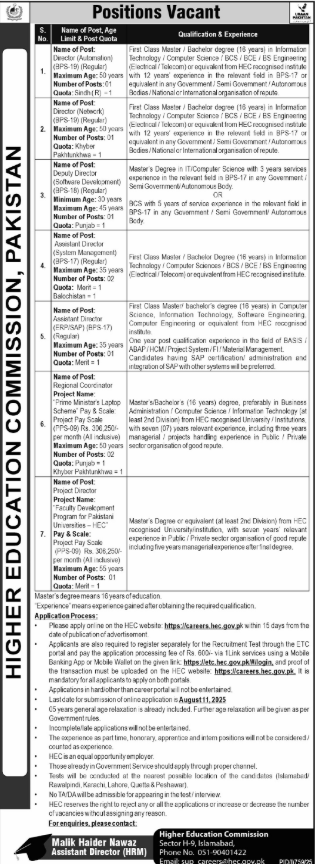 Higher Education Commission HEC Islamabad Jobs 2025