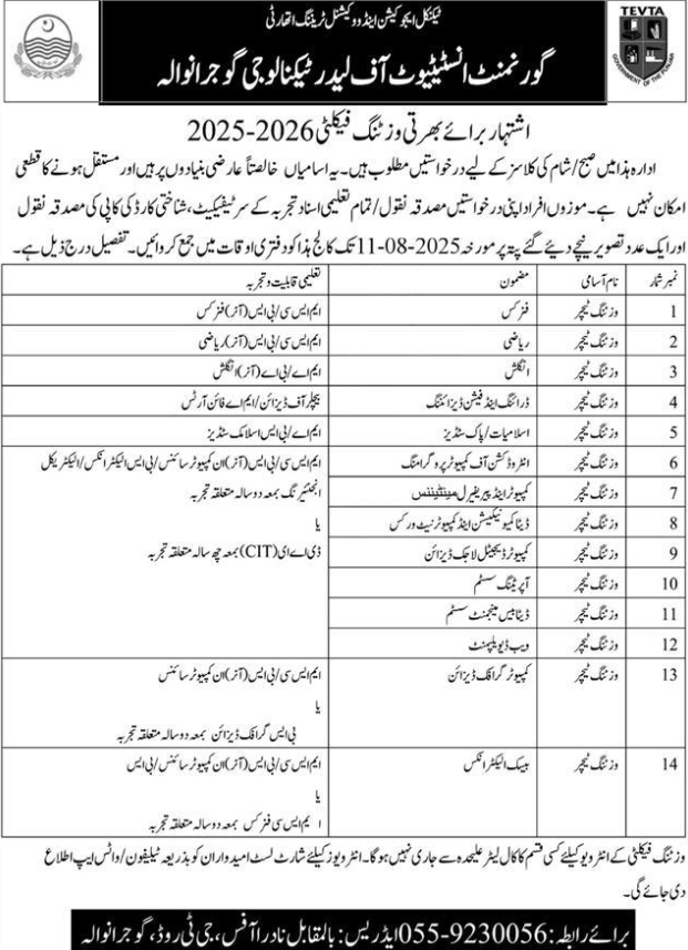 Government Institute Of Leather Technology Gujrawala Jobs 2025

