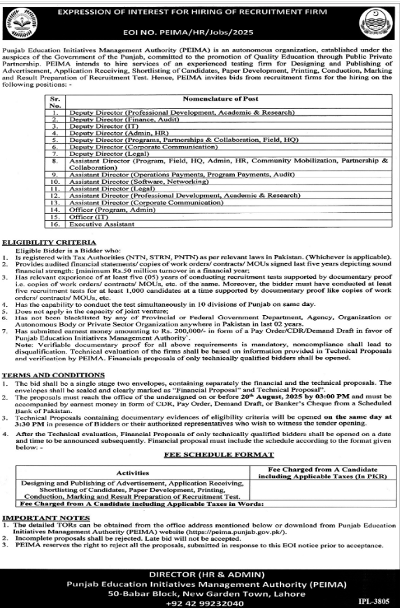 Punjab Education Initiative Management Authority Jobs 2025
