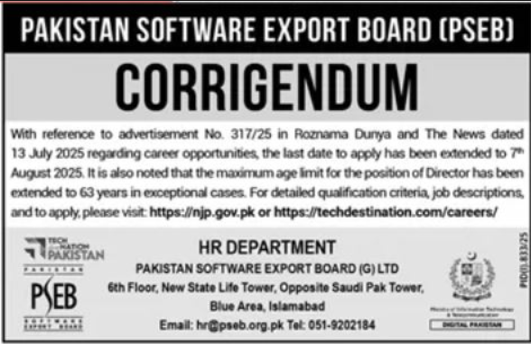 Pakistan Software Export Board PSEB Islamabad Apply Jobs 2025
