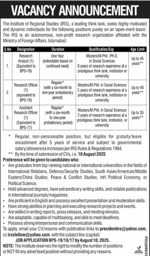 Institute Of Regional Studies IRS Islamabad Jobs 2025