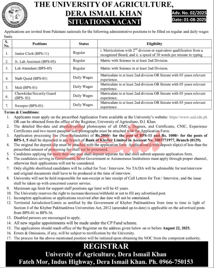 The University Of Agriculture DI Khan Jobs 2025 