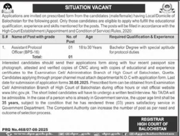 High Court Of Balochistan Jobs 2025