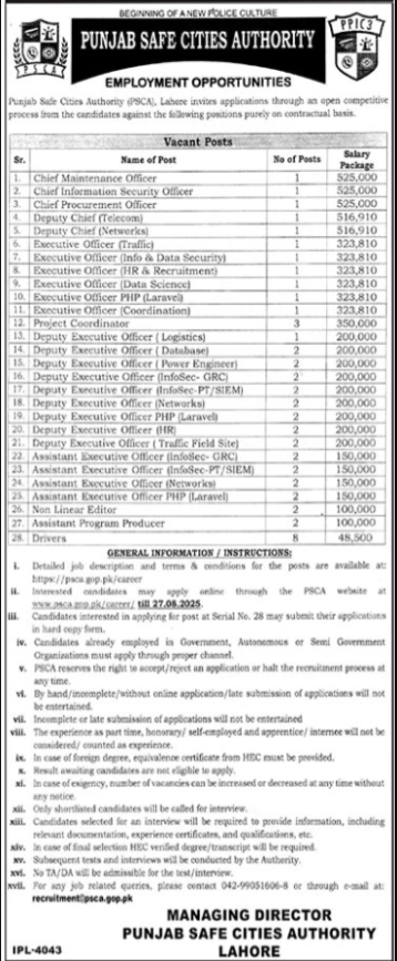 Punjab Safe Cities Authority PSCA Lahore Jobs 2025