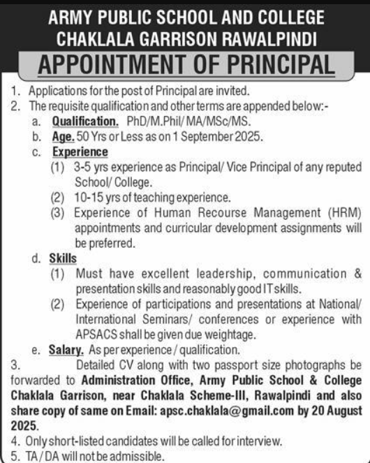 Army Public School And College Jobs 2025