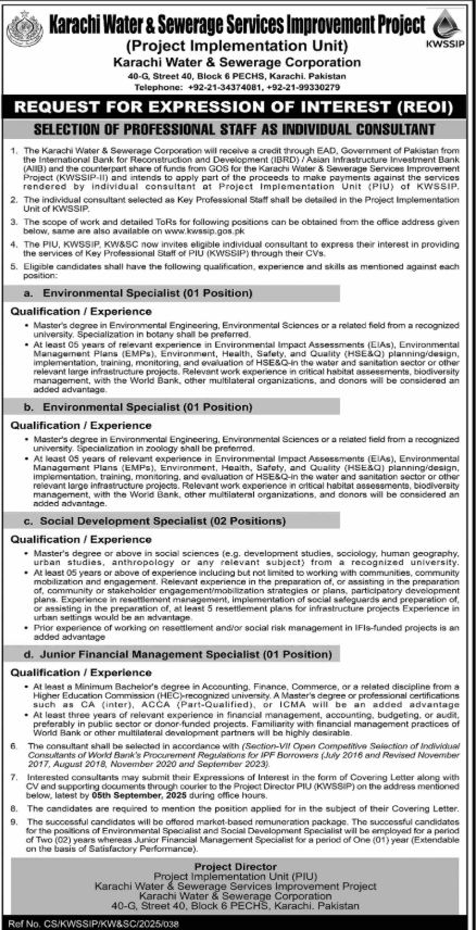 Karachi Water And Sewerage Services KWSSIP Jobs 2025