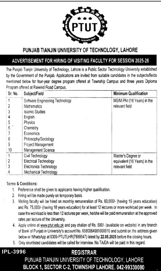 Punjab Tianjin University Of Technology PTUT Lahore Jobs
2025